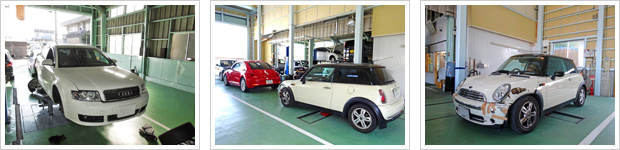 整備工場にある国産、外国産の車